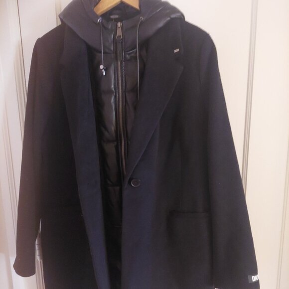 NWT DKNY Black Wool Faux Leather Hooded Bibbed Mixed-Media Blazer Coat XL - Picture 3 of 8